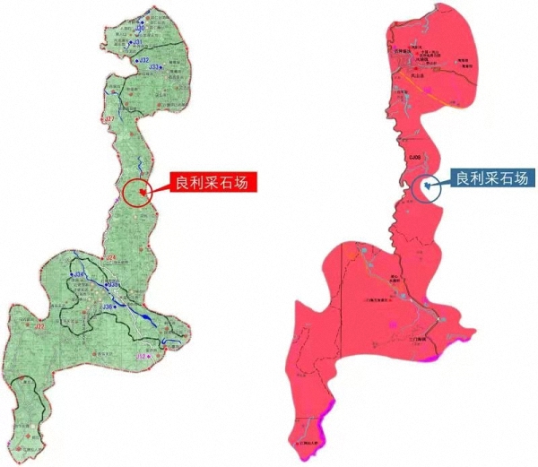 野蛮采石、违规建房!广西唯一的世界地质公园遭破坏性开发(图2) 左侧为2010年批复的《公园规划》中地质公园边界图,良利采石场位于边界内;右侧为2018年出台的《凤山县矿产资源总体规划(2016-2020年》附图,将良利采石场调出公园范围。
